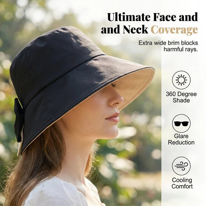 Women's sun hat with bow and wide brim – foldable, 360° protection