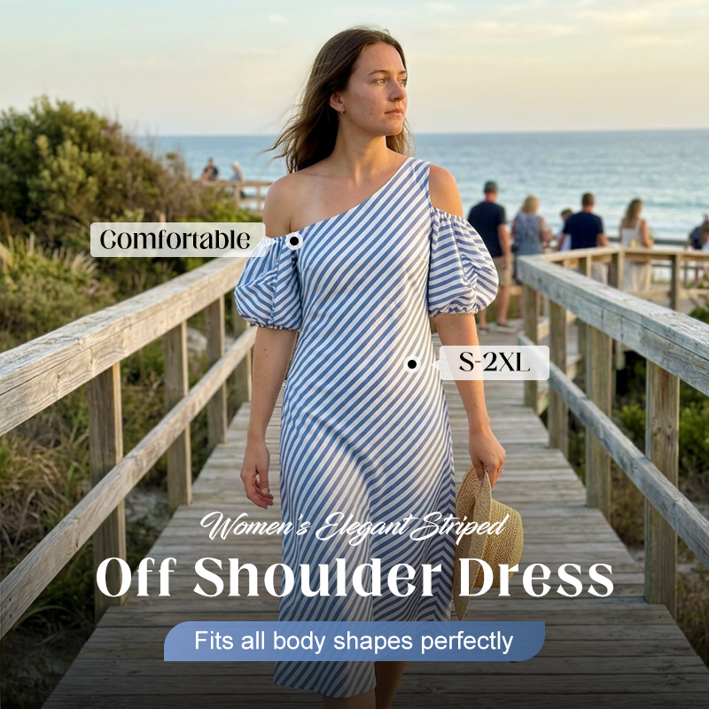 👗✨ Women's Striped Off Shoulder Dress – Elegant, Flowy, Summer Chic 🌊