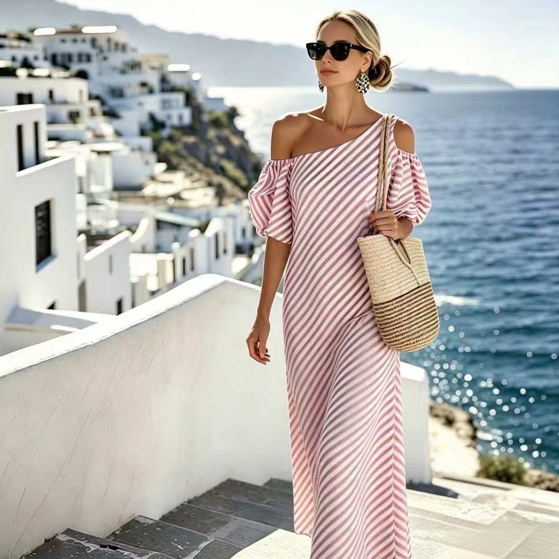 👗✨ Women's Striped Off Shoulder Dress – Elegant, Flowy, Summer Chic 🌊