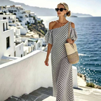 👗✨ Women's Striped Off Shoulder Dress – Elegant, Flowy, Summer Chic 🌊