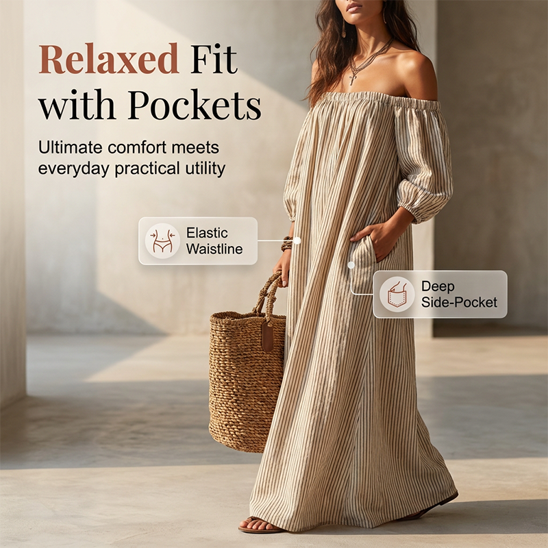 🌸 50% OFF NOW! 🌸Women's Off-Shoulder Maxi Dress Lantern Sleeve Dress