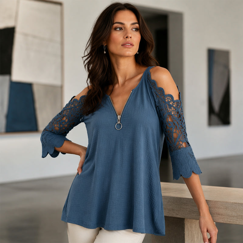 Women's lace top with off-the-shoulder closure and zipper