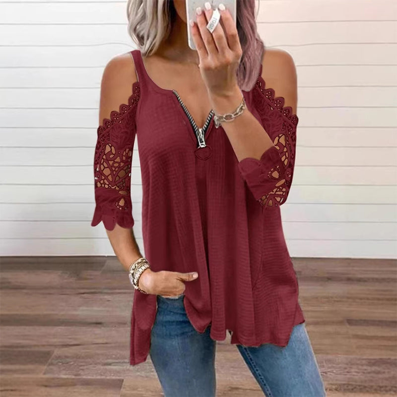 Women's lace top with off-the-shoulder closure and zipper