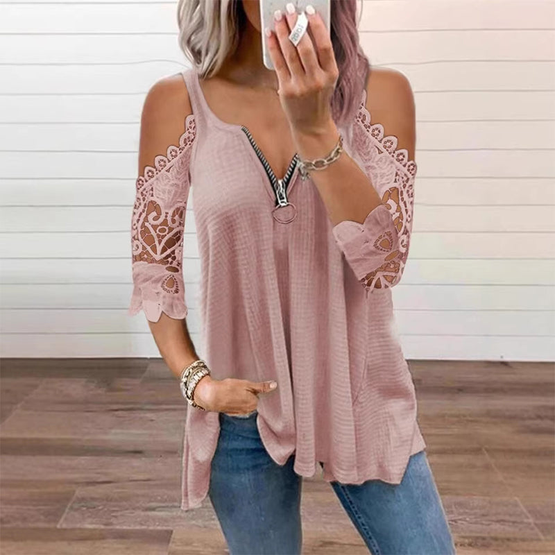 Women's lace top with off-the-shoulder closure and zipper