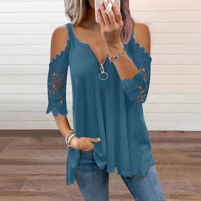 Women's lace top with off-the-shoulder closure and zipper