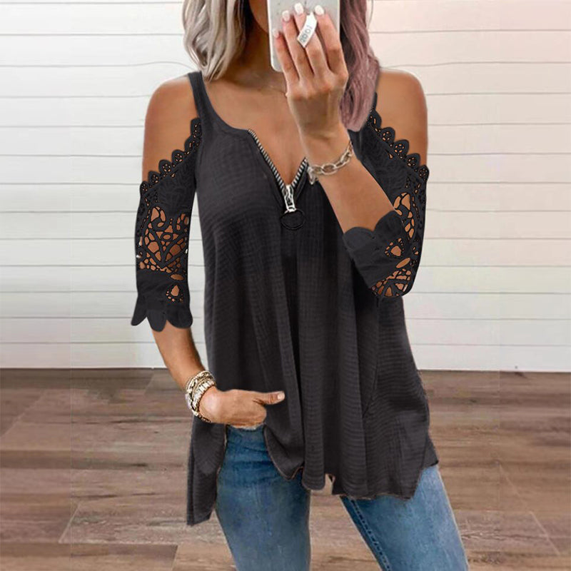 Women's lace top with off-the-shoulder closure and zipper