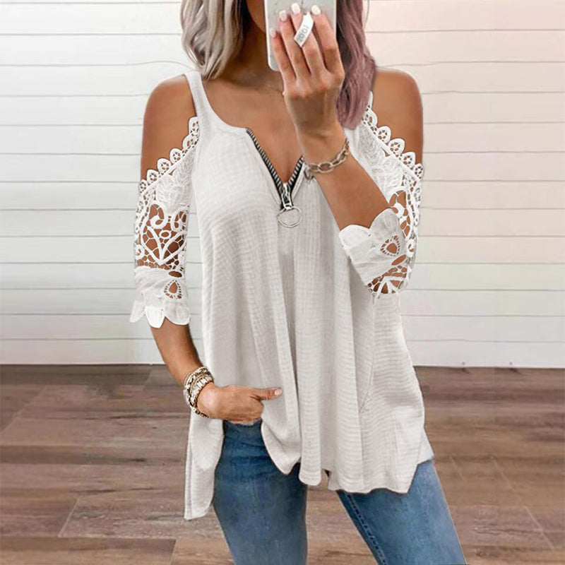 Women's lace top with off-the-shoulder closure and zipper