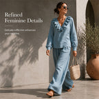Women's Resort Style V-Neck 2-Piece Outfit Loose Long Sleeve Top Wide Leg Pants Set