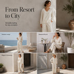 Women's Resort Style V-Neck 2-Piece Outfit Loose Long Sleeve Top Wide Leg Pants Set