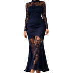 Women's Lace Splicing Long Sleeve Maxi Dress